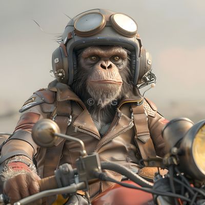 Affe im Flieger-Outfit auf Motorrad (KI-generiert)